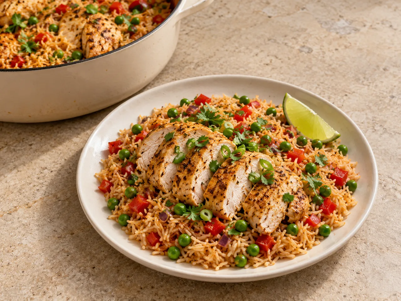 Finished Cumin Chicken and Rice with Peppers and Peas